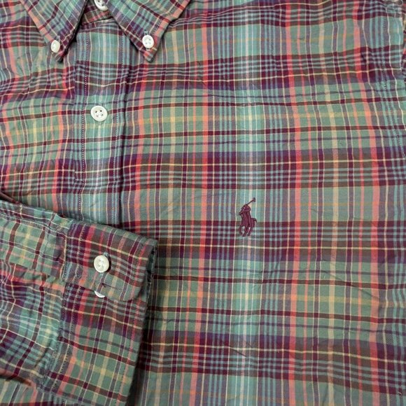 Ralph Lauren Button Up Shirt Cotton 16 Large Green Red Orange Plaid Classic Fit - Picture 6 of 8